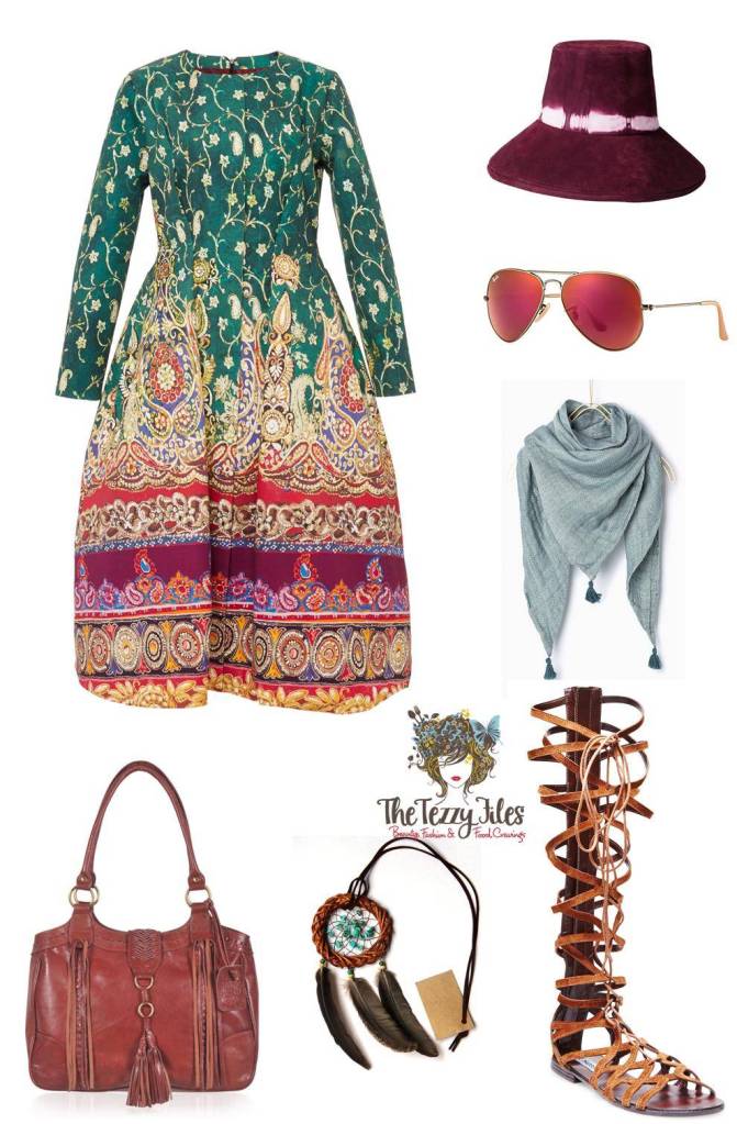 boho summer dress gladiator sandals bucket hat rayban aviators purple wine dream catcher necklace