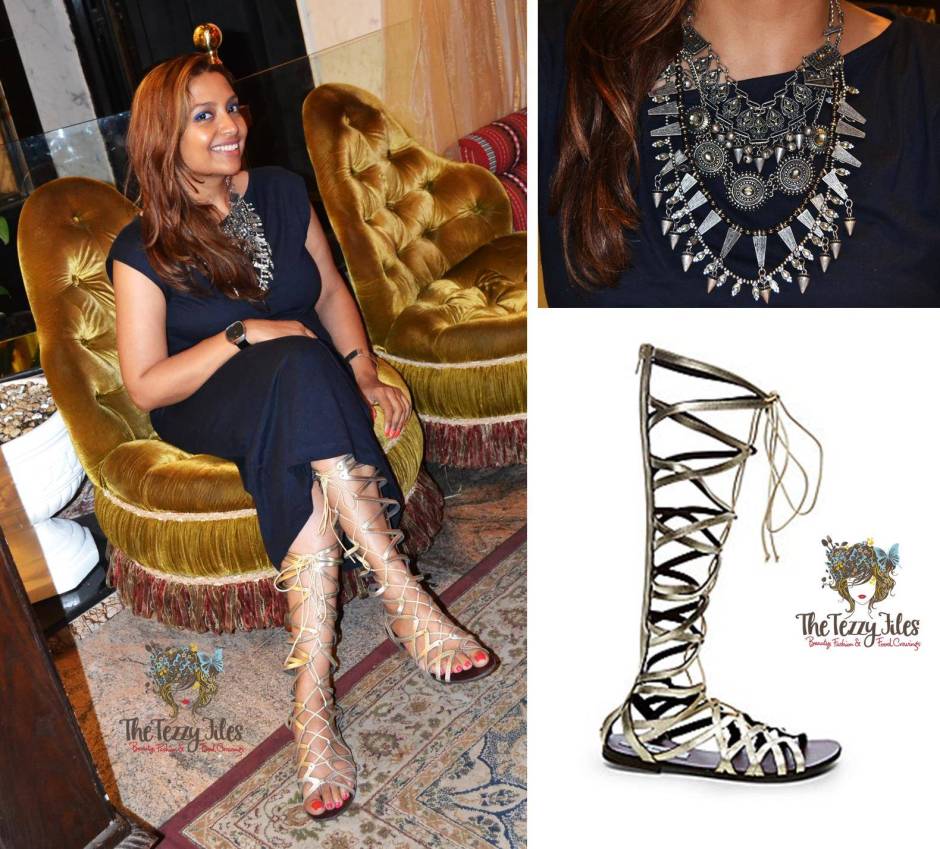 what i wore fashion gladiator hercules steve madden sandals zara statement necklace gap shift dress summer dubai fashion blog uae
