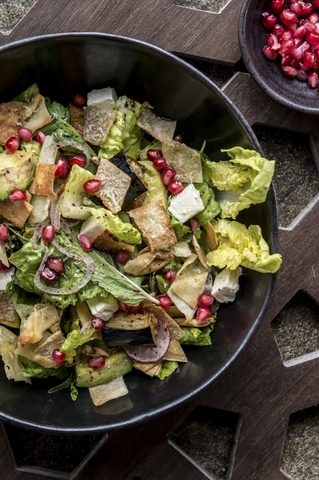 Fetaoush feta cheese, fried eggplant, cherry tomato baby gem, red radish &amp; avocado