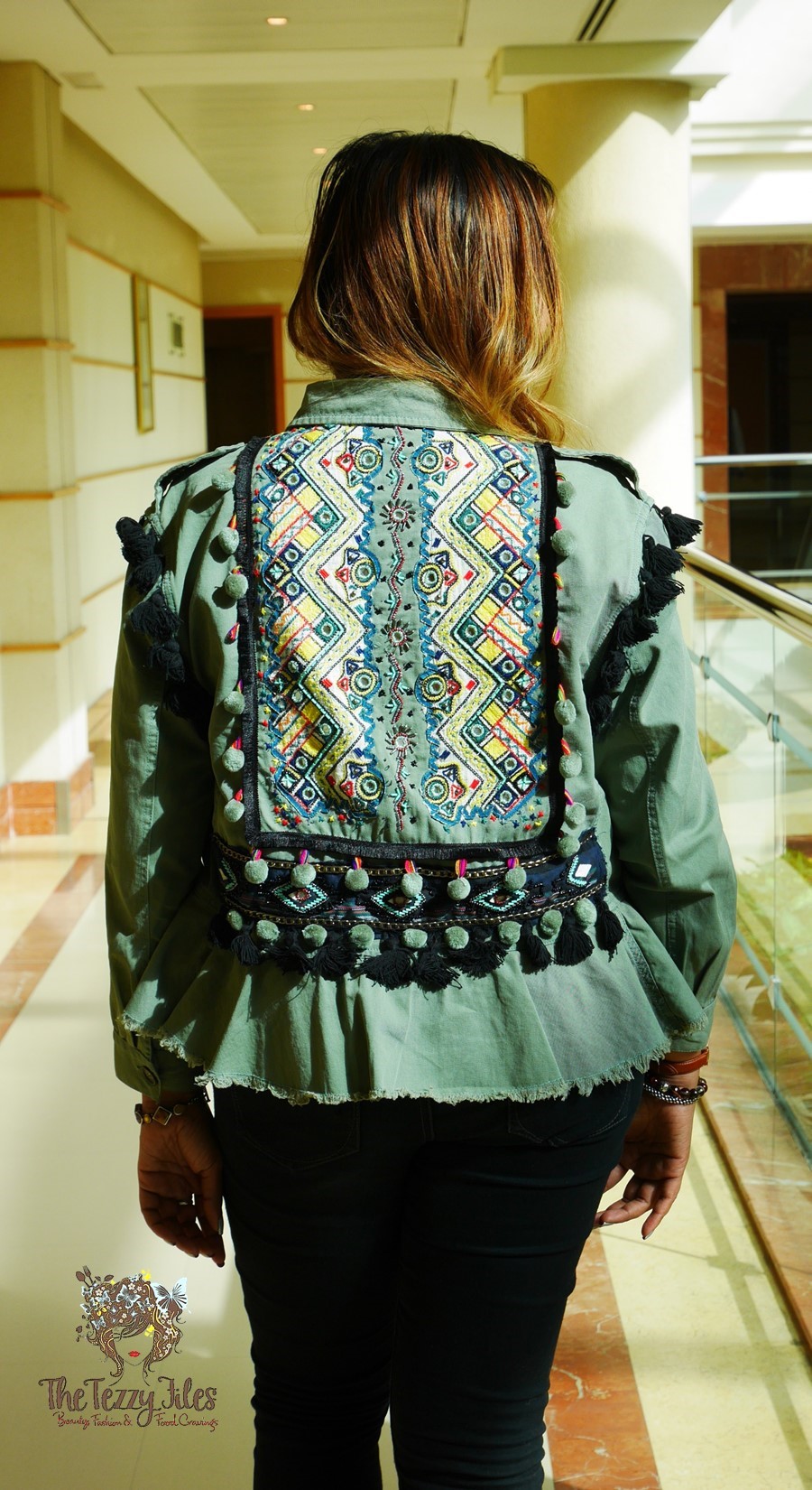 Zara Ethnic Tribal Khaki Jacket Dubai Fashion Blog The Tezzy Files Blogger UAE Indian Embroidery Mirror Work Jacket Casual pompoms