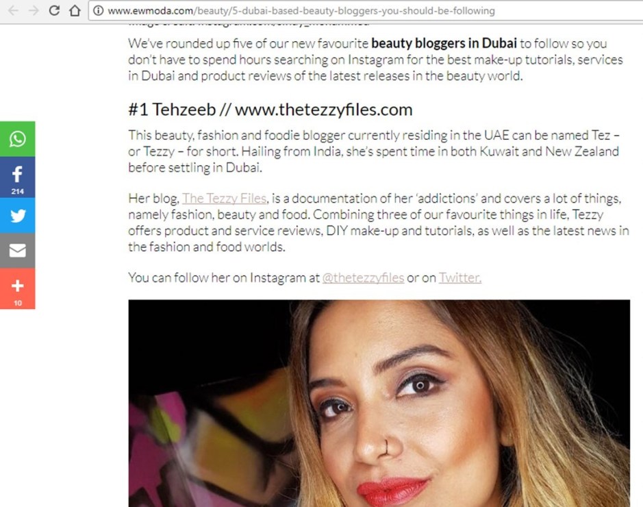 dubai top 5 beauty bloggers uae bloggers press media coverage ew moda the tezzy files